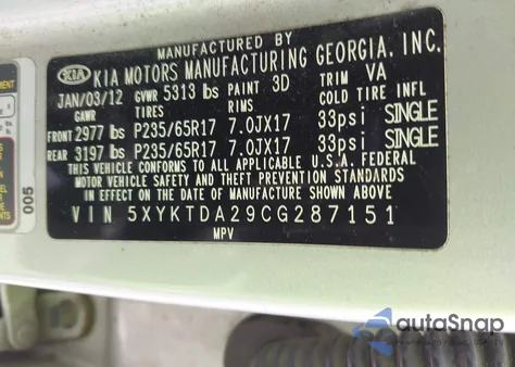 2012 Kia Sorento Lx V6 from USA, damaged, VIN 5XYKTDA29CG287151